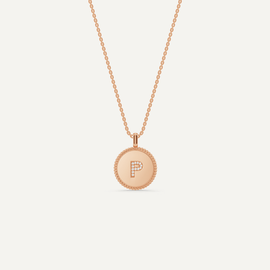 Round Diamond Initial P Pendant with Diamond Accent - Lotus Diamond