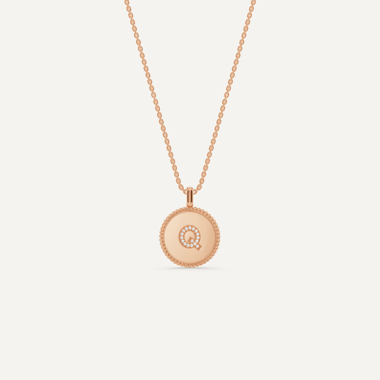 Round Diamond Initial Q Pendant with Diamond Accent - Lotus Diamond