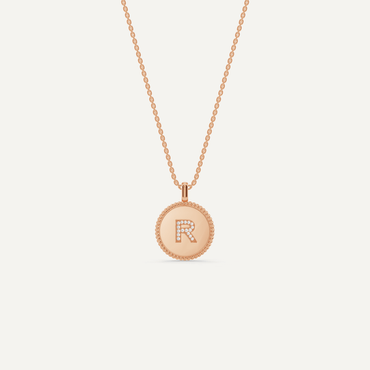 Round Diamond Initial R Pendant with Diamond Accent - Lotus Diamond