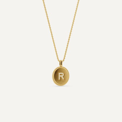Round Diamond Initial R Pendant with Diamond Accent - Lotus Diamond