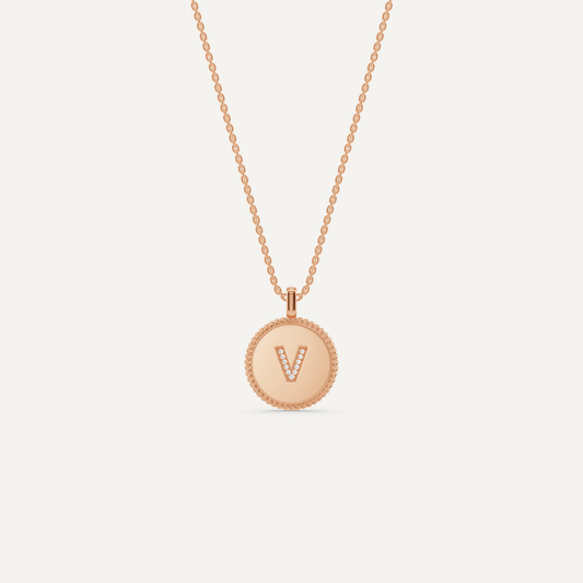 Round Diamond Initial V Pendant with Diamond Accent - Lotus Diamond