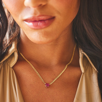 Ruby Heart Cuban Chain Necklace - Lotus Diamond