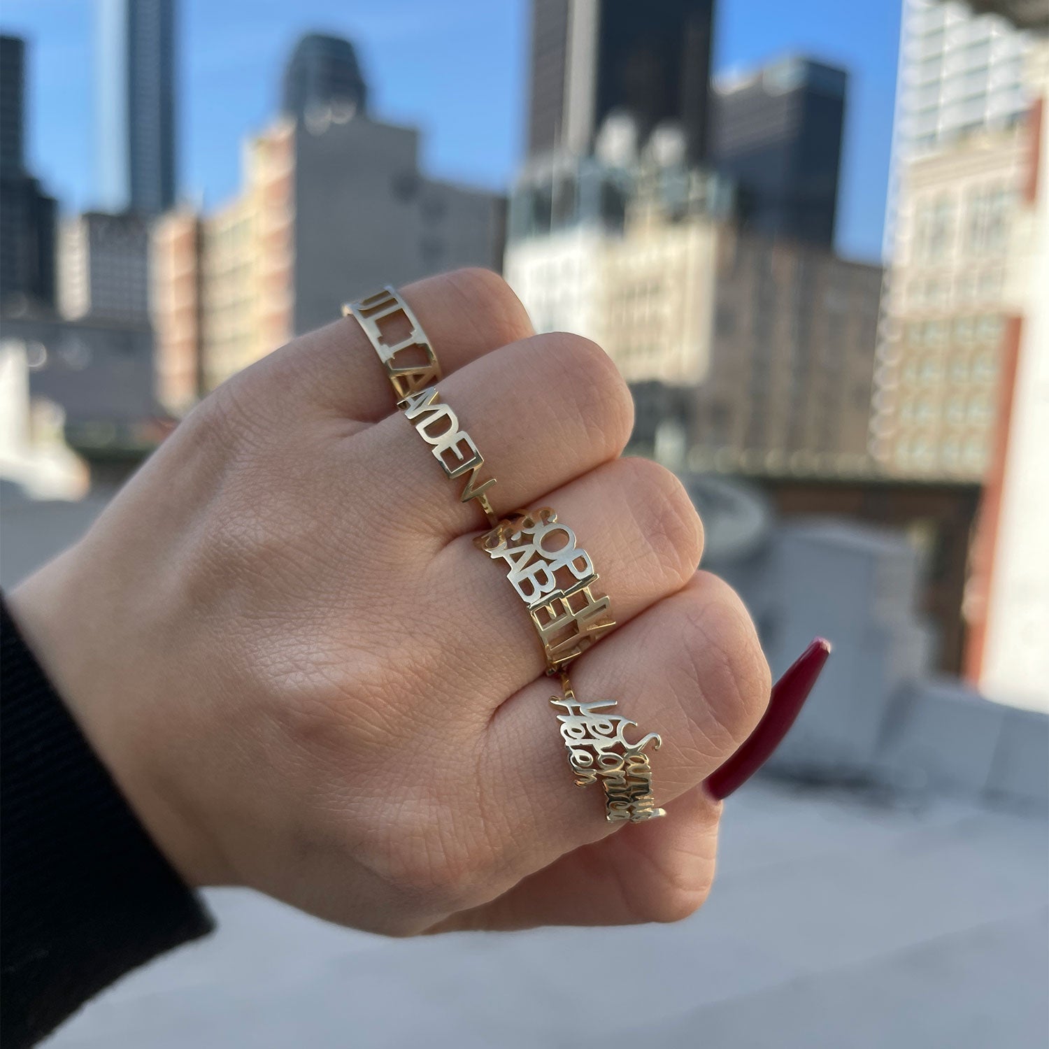 Script Custom Triple Name Ring - Lotus Diamond