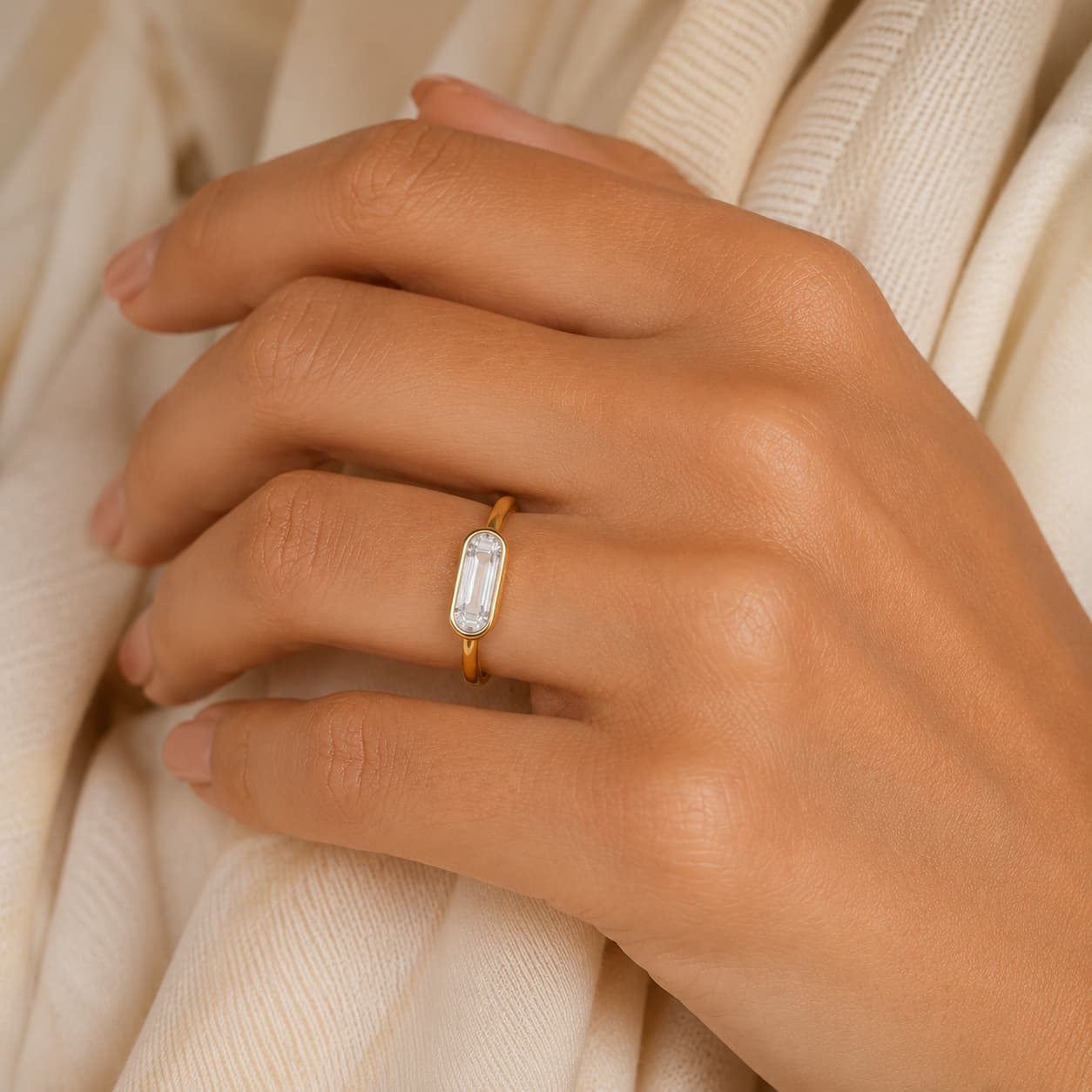 Solid Gold Bezel Engagement Ring for Women - Lotus Diamond