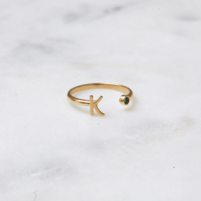 Solid Initial Letter Ring with Birthstone - Lotus Diamond