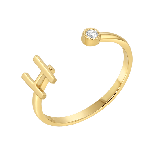 Solid Initial Letter Ring with Birthstone - Lotus Diamond