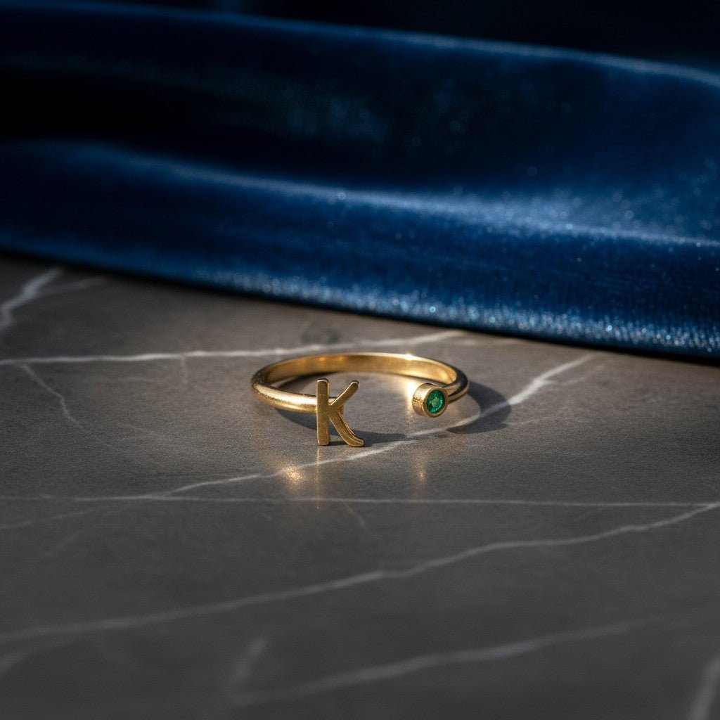 Solid Initial Letter Ring with Birthstone - Lotus Diamond