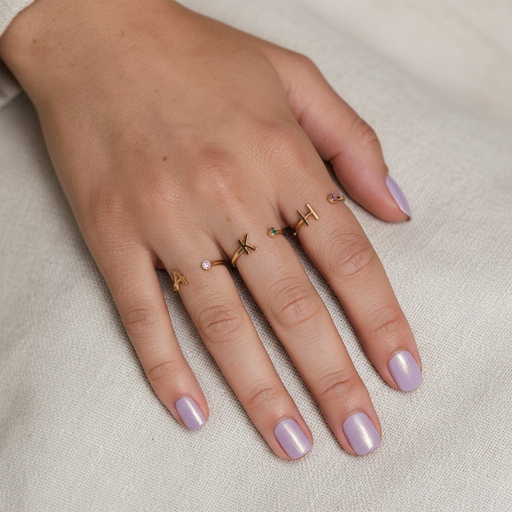 Solid Initial Letter Ring with Birthstone - Lotus Diamond