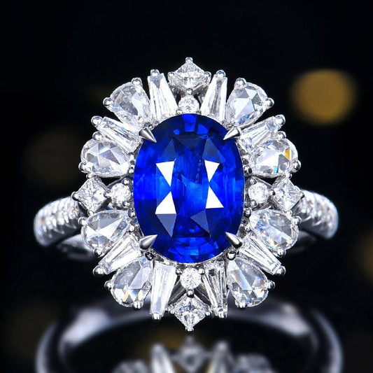 Sri Lanka Natural no - burn Royal Blue Sapphire Ring - Style A - Lotus Diamond