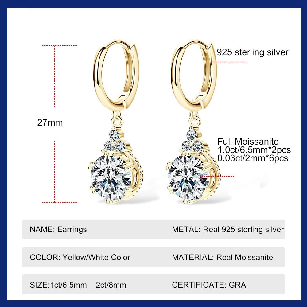Sweetrain 1CT 2CT Moissanite Drop Earrings For Women Sparkling Lab Diamond 18K Gold Plated 925 Sterling Silver Dangle Earring - Lotus Diamond