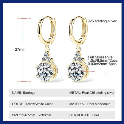 Sweetrain 1CT 2CT Moissanite Drop Earrings For Women Sparkling Lab Diamond 18K Gold Plated 925 Sterling Silver Dangle Earring - Lotus Diamond