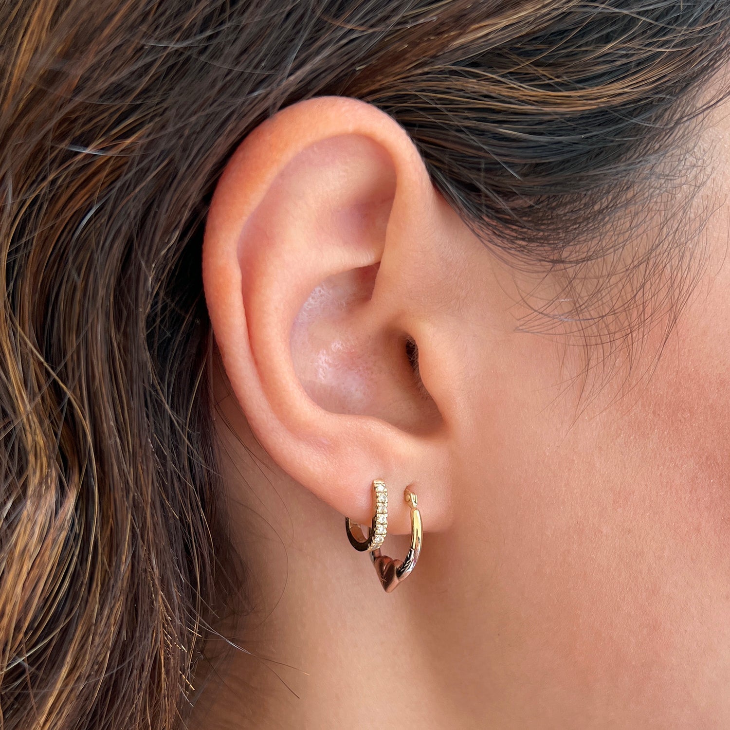Tri - Color Puff Heart Hoop Earrings - Lotus Diamond