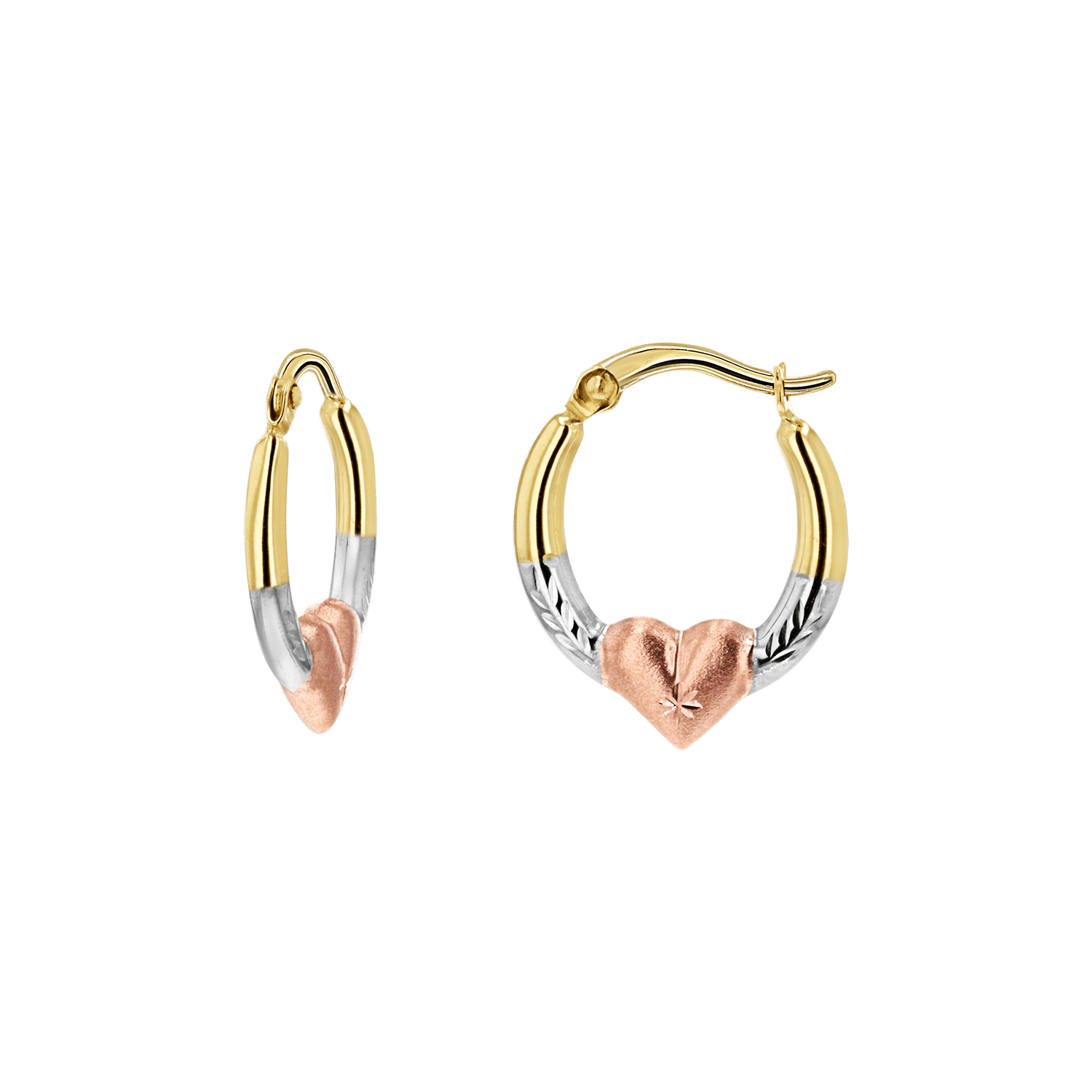Tri - Color Puff Heart Hoop Earrings - Lotus Diamond