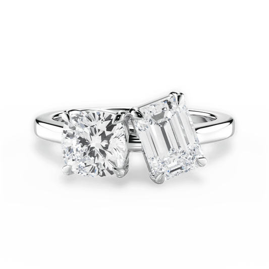 Two Stone Cushion Lab Diamond Engagement Ring - Lotus Diamond